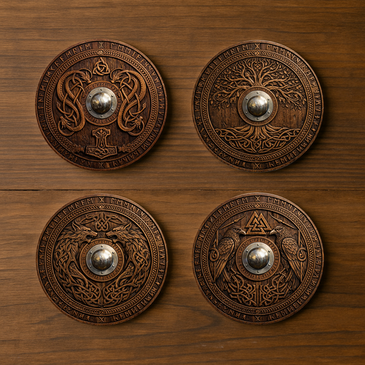 Norse Viking Shield Sublimated Coasters – Wooden Effect Warrior Designs