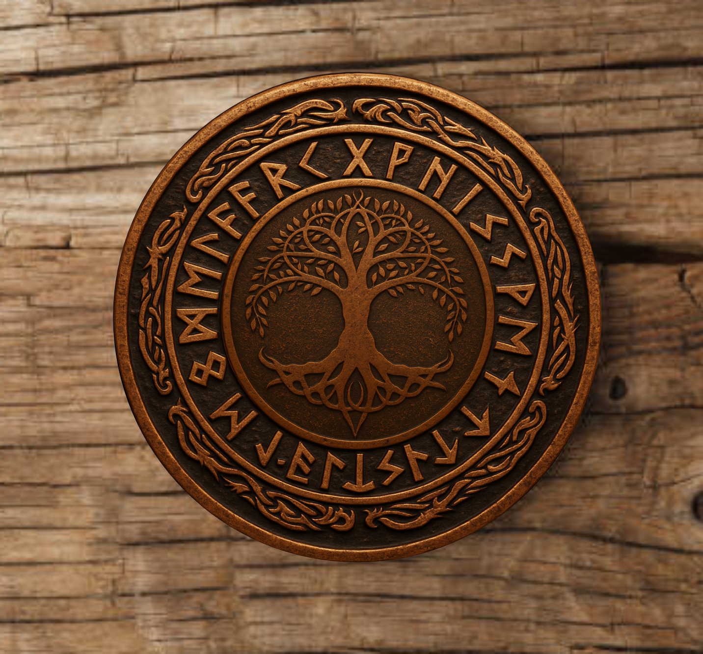 Laser engraved Viking wood coaster featuring Norse runes Yggdrasil