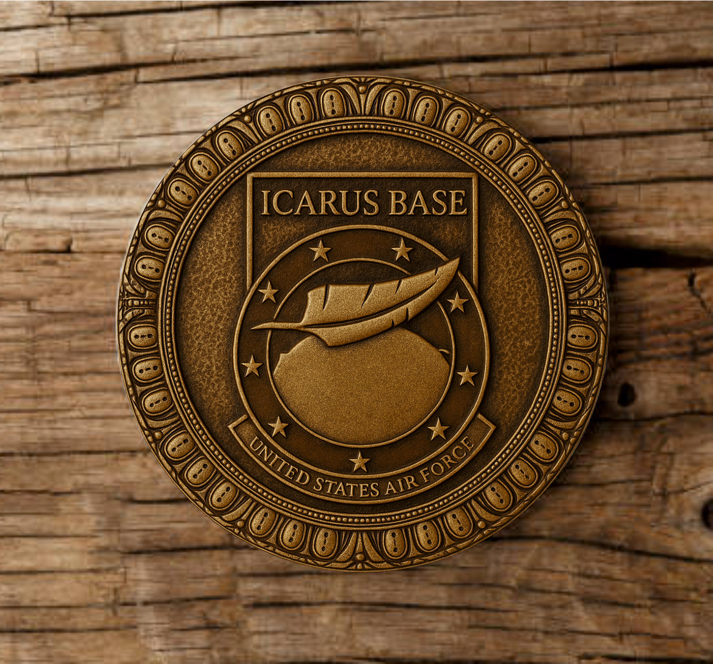 Stargate inspired bronze cast wood coaster featuring Icarus Base