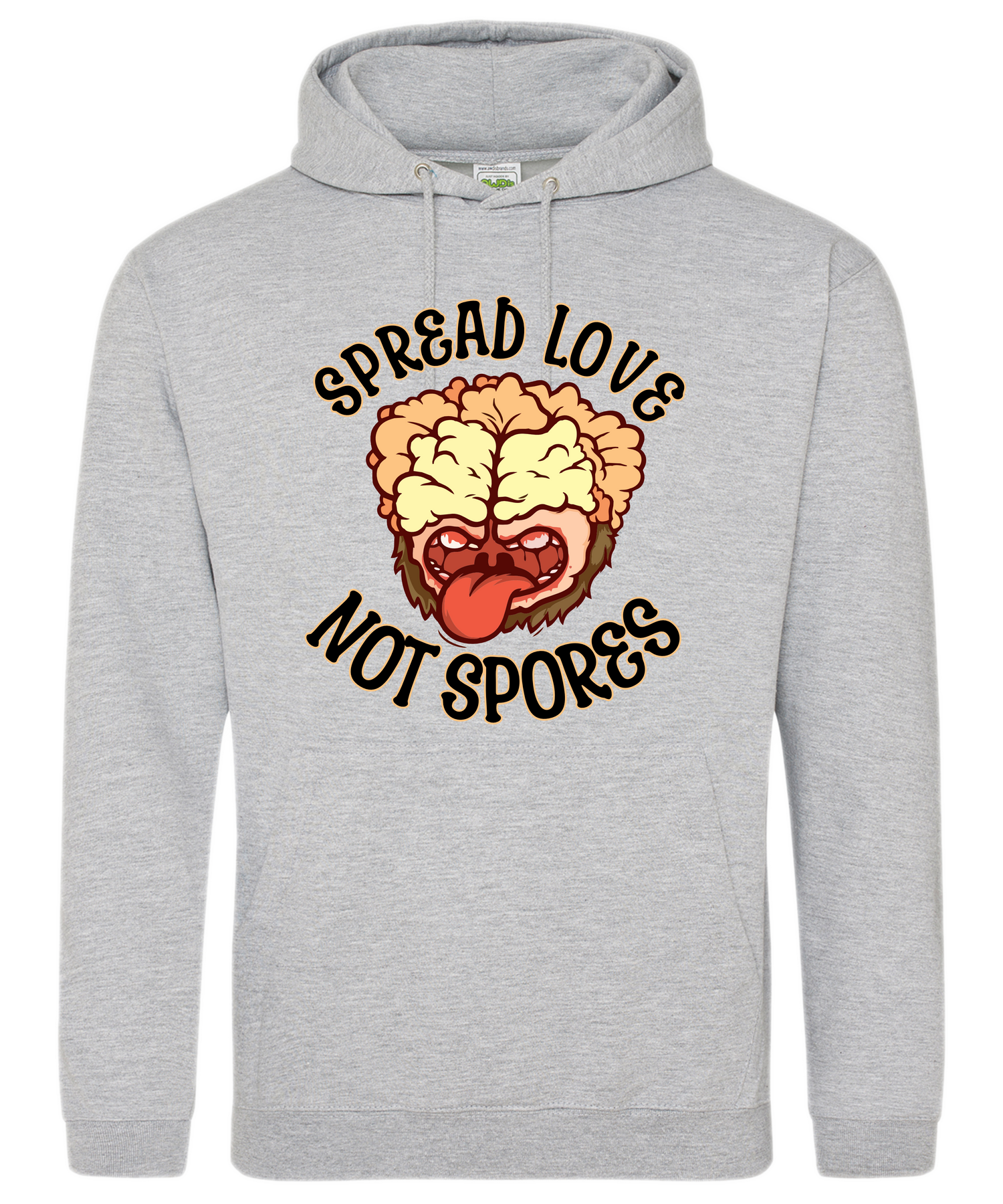 printed hoodie with spread love not spores on the front
