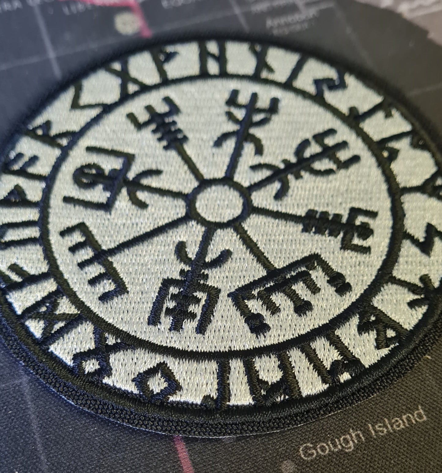 Norse inspired embroidery patch, Vegvisir patch, Custom embroidery patches. Heat seal patches.