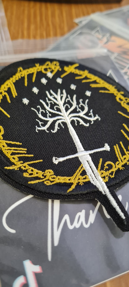 Tree of Gondor Embroidery Patch – Heat Seal Iron-On | Lord of the Rings Inspired Design with Elven Script & Narsil Sword