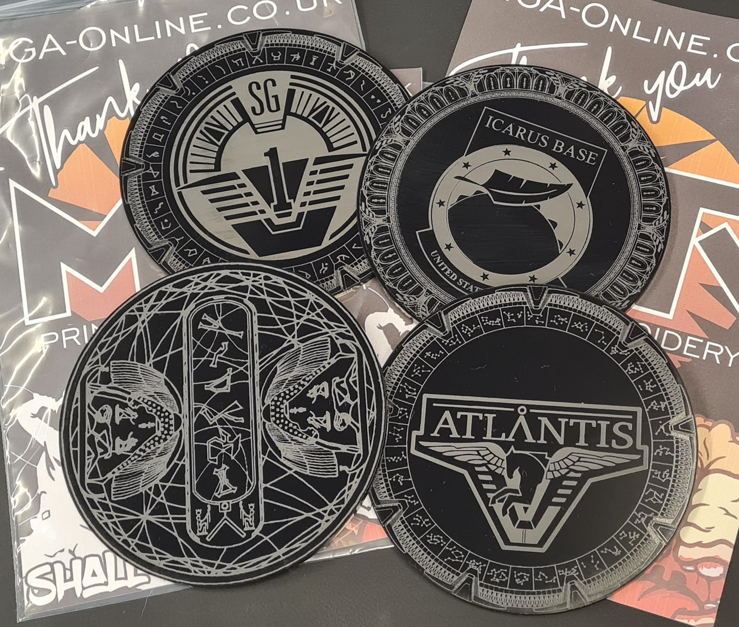 Stargate Inspired Coaster. Laser Engraved and Cut Coaster Set. Sg1 Inspired Set