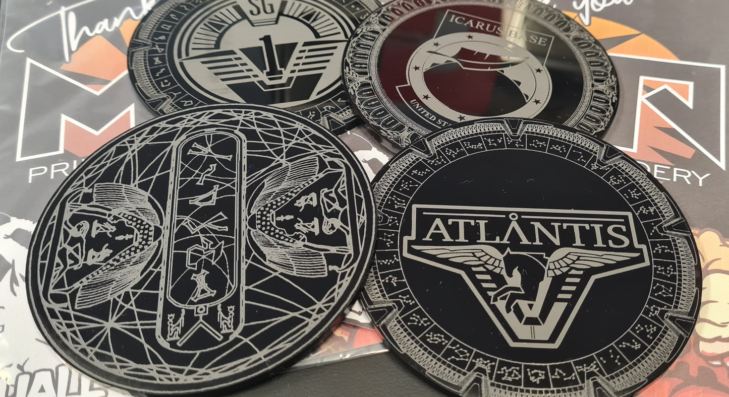 Stargate Inspired Coaster. Laser Engraved and Cut Coaster Set. Sg1 Inspired Set