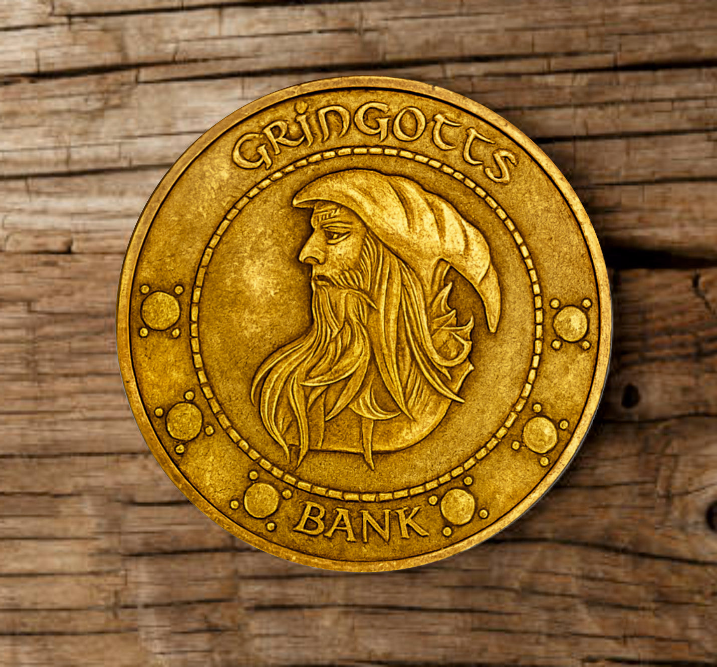 Wizard Coin Coaster Set (4) – Gold Galleon, Silver Sickle, Bronze Knut & Gringotts Emblem | Premium Wood Sublimated Coasters