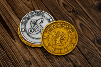 Wizard Coin Coaster Set (4) – Gold Galleon, Silver Sickle, Bronze Knut & Gringotts Emblem | Premium Wood Sublimated Coasters