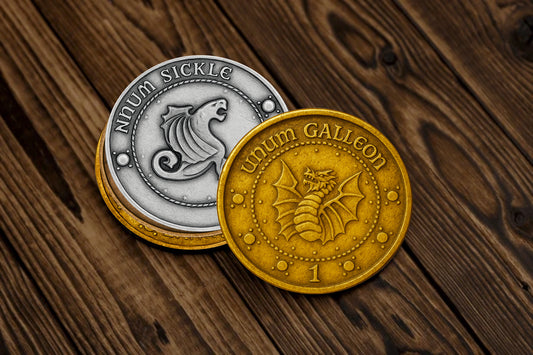Wizard Coin Coaster Set (4) – Gold Galleon, Silver Sickle, Bronze Knut & Gringotts Emblem | Premium Wood Sublimated Coasters