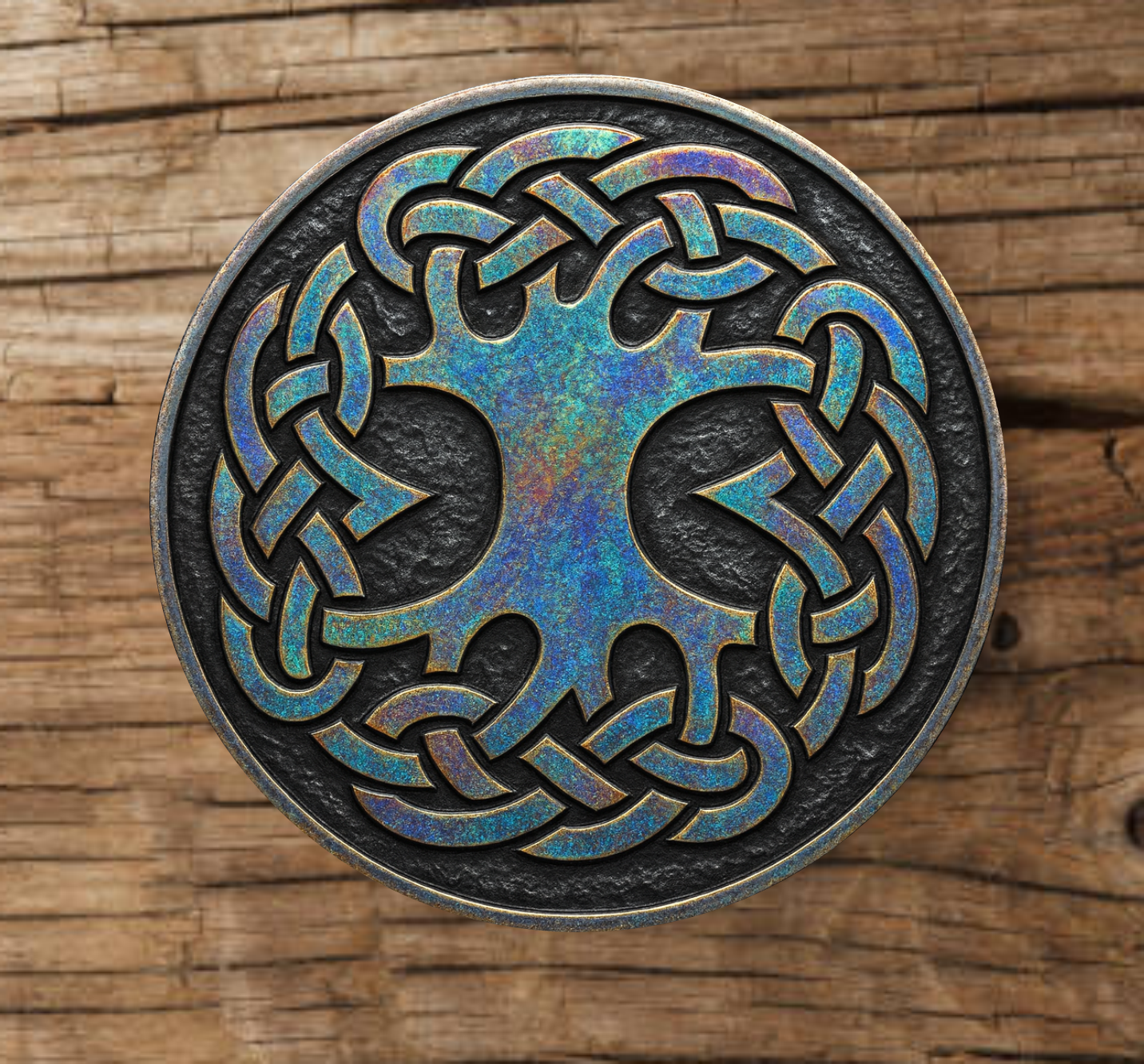 Handmade wooden coaster with iridescent metal-effect Celtic knot design 4