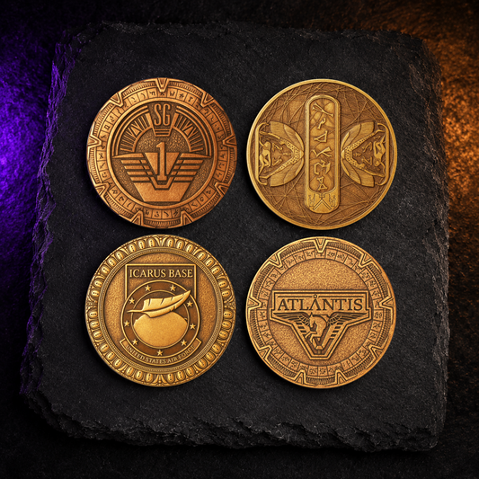 Stargate-Inspired Coaster Set (4) – SG-1, Atlantis, Icarus Base & Cover Stone Designs | Bronze Cast Sublimated Wood Coasters