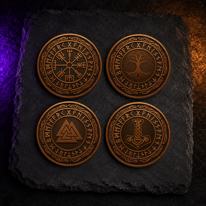 Norse Bronze Rune Coaster Set (4) – Vegvisir & Mjölnir Design | Viking Wood Coasters | Nordic Gift Set