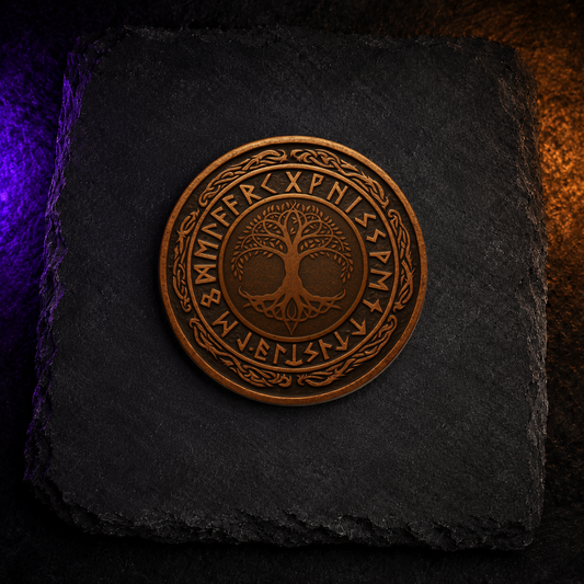 Norse Bronze Rune Coaster Set (4) – Vegvisir & Mjölnir Design | Viking Wood Coasters | Nordic Gift Set