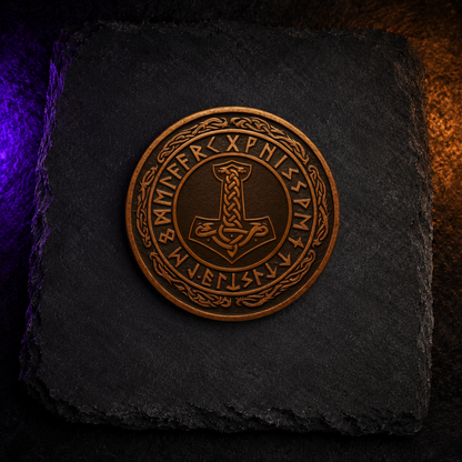 Norse Bronze Rune Coaster Set (4) – Vegvisir & Mjölnir Design | Viking Wood Coasters | Nordic Gift Set