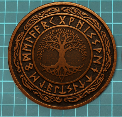 Norse Bronze Rune Coaster Set (4) – Vegvisir & Mjölnir Design | Viking Wood Coasters | Nordic Gift Set