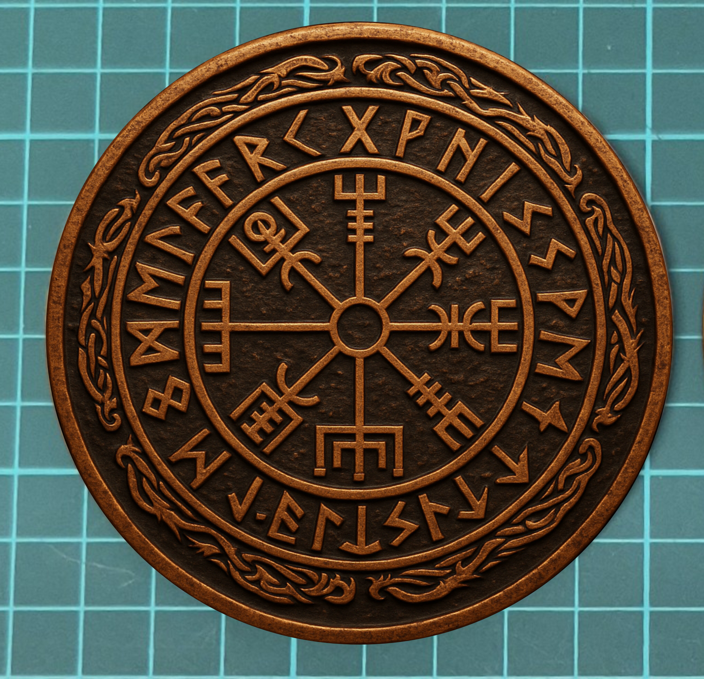 Norse Bronze Rune Coaster Set (4) – Vegvisir & Mjölnir Design | Viking Wood Coasters | Nordic Gift Set