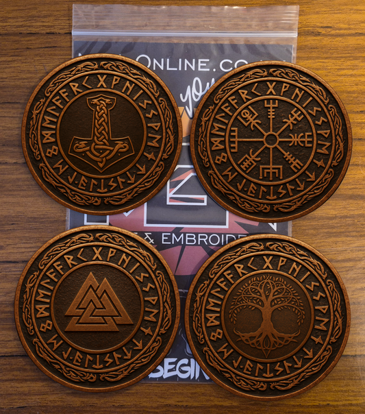 Norse Bronze Rune Coaster Set (4) – Vegvisir & Mjölnir Design | Viking Wood Coasters | Nordic Gift Set