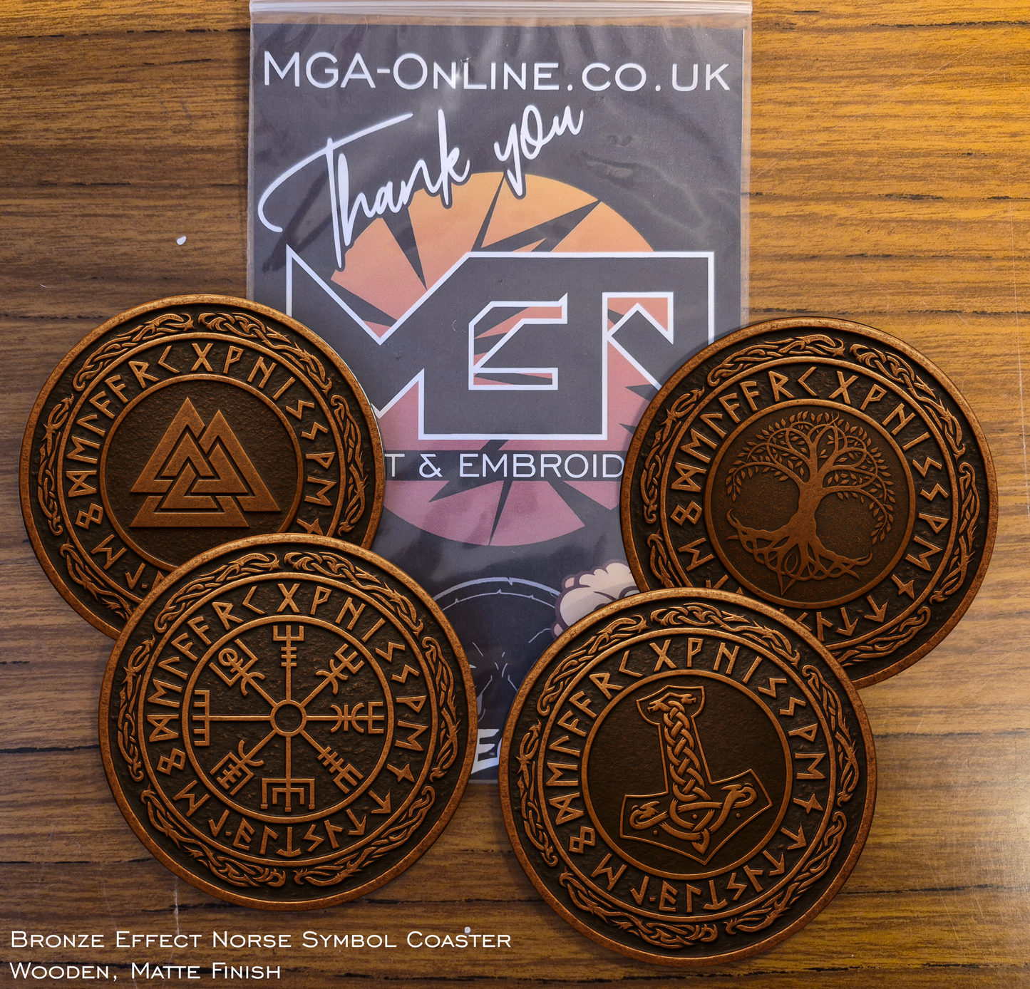 Norse Bronze Rune Coaster Set (4) – Vegvisir & Mjölnir Design | Viking Wood Coasters | Nordic Gift Set