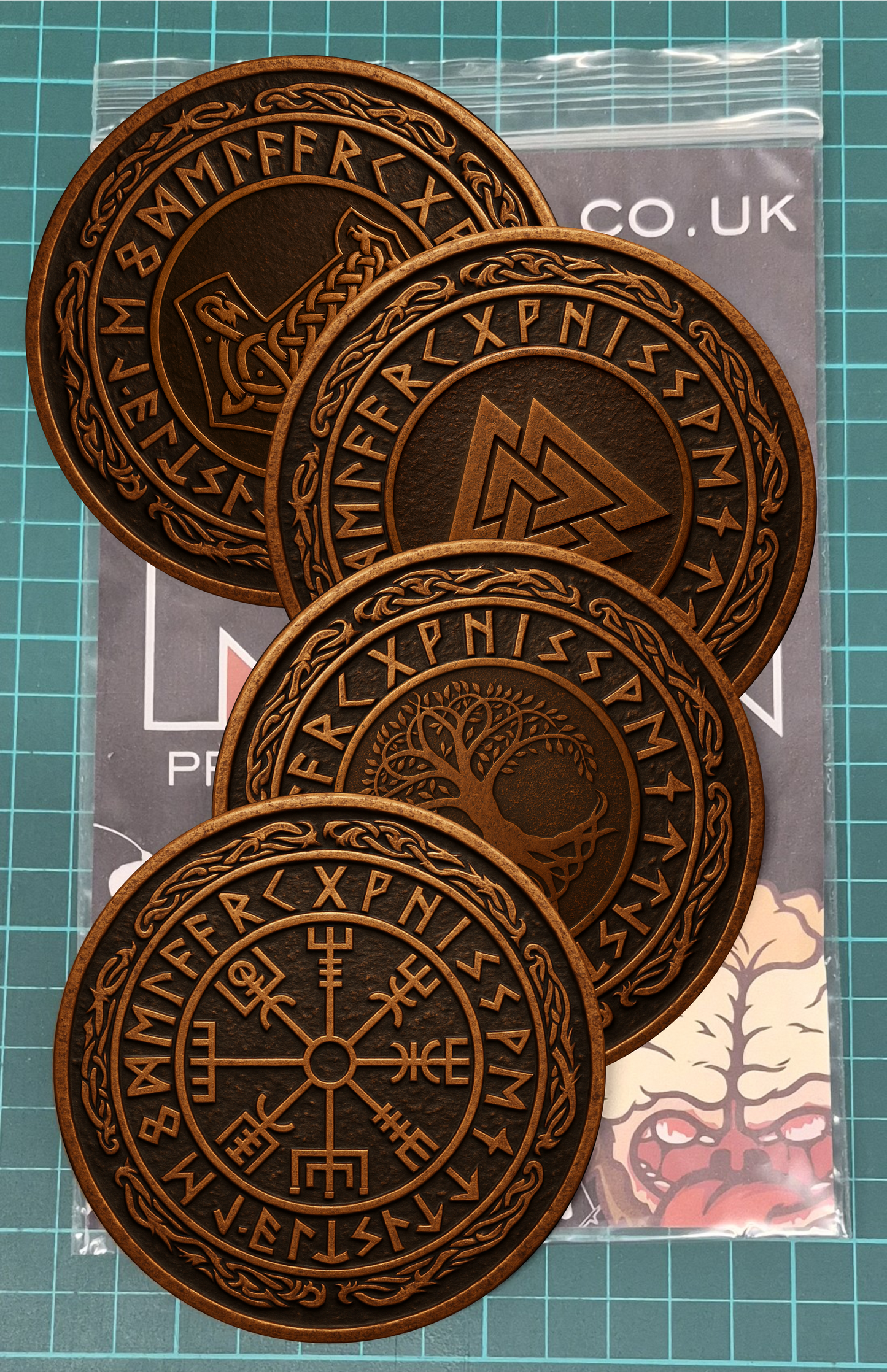 Norse Bronze Rune Coaster Set (4) – Vegvisir & Mjölnir Design | Viking Wood Coasters | Nordic Gift Set