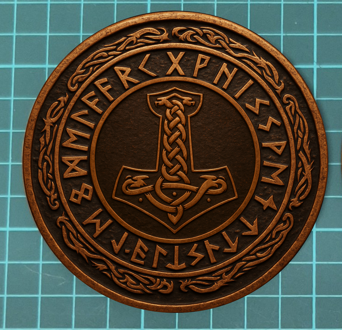 Norse Bronze Rune Coaster Set (4) – Vegvisir & Mjölnir Design | Viking Wood Coasters | Nordic Gift Set