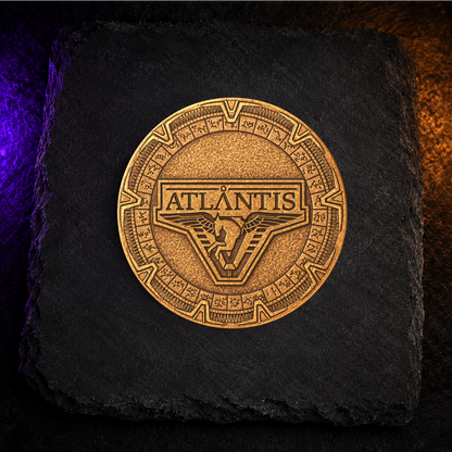 Stargate-Inspired Coaster Set (4) – SG-1, Atlantis, Icarus Base & Cover Stone Designs | Bronze Cast Sublimated Wood Coasters