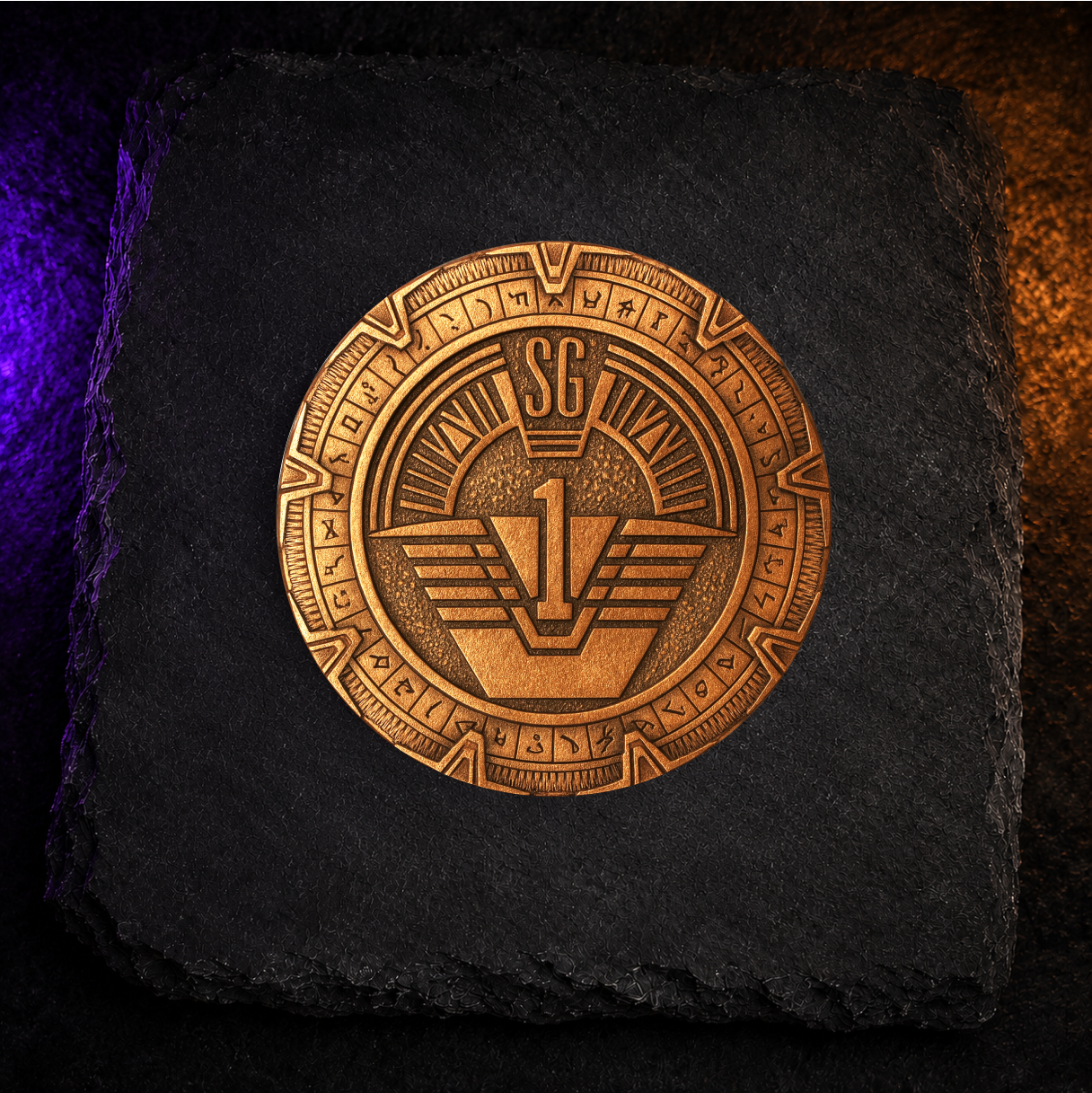 Stargate-Inspired Coaster Set (4) – SG-1, Atlantis, Icarus Base & Cover Stone Designs | Bronze Cast Sublimated Wood Coasters