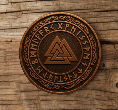 Laser engraved Viking wood coaster featuring Norse runes Valknut