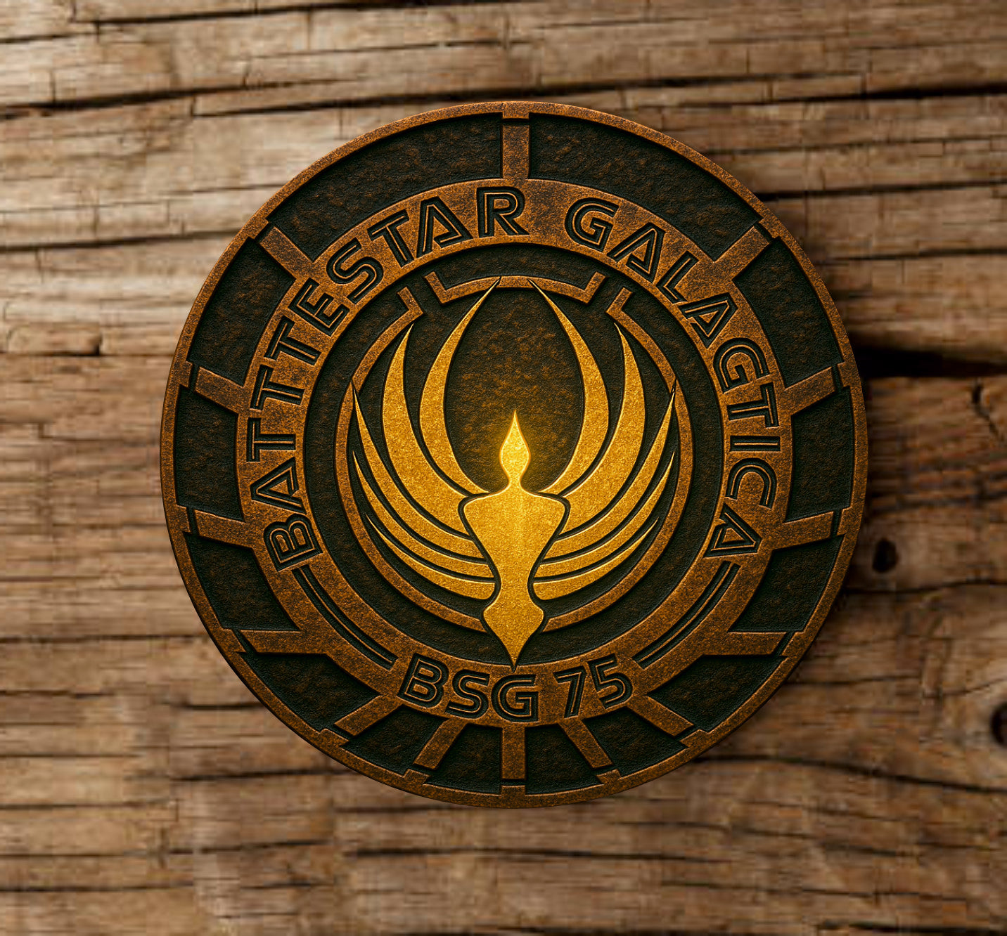 Battlestar Galactica inspired bronze cast print coaster featuring fleet emblem