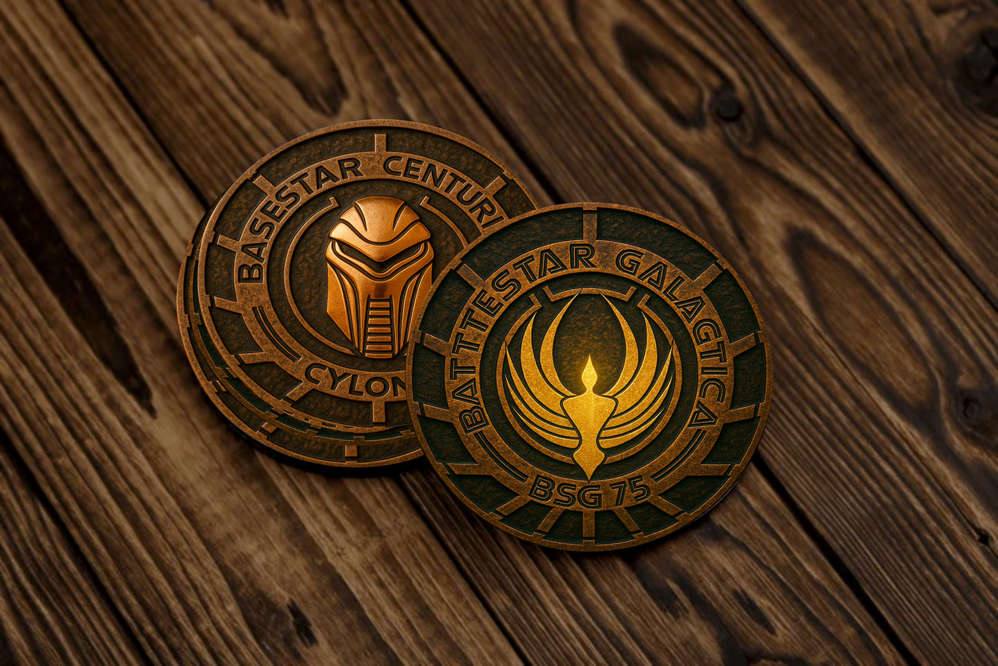 Sci-fi bronze cast print coaster set with fleet and Cylon symbols