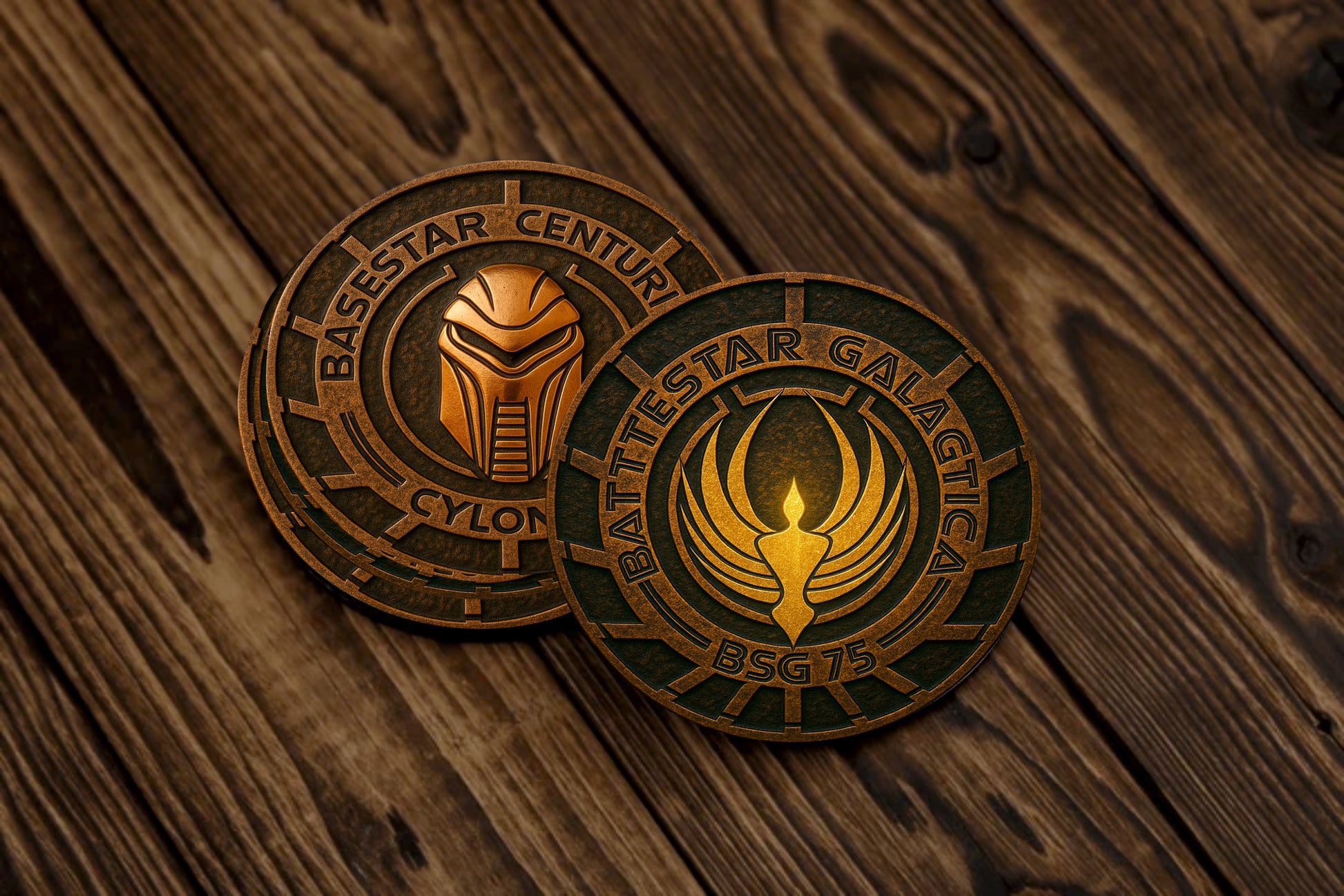 Sci-fi bronze cast print coaster set with fleet and Cylon symbols