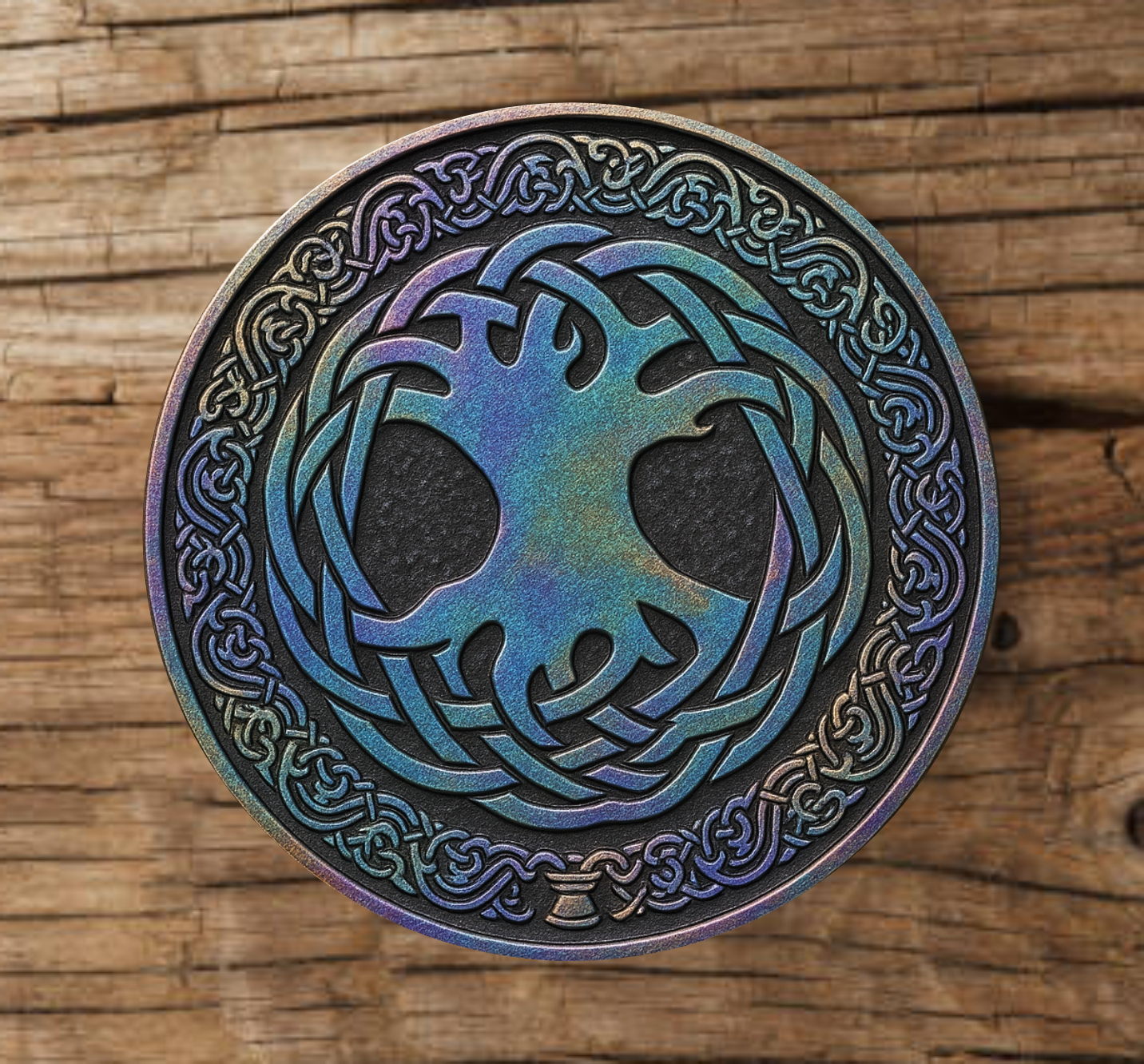 Handmade wooden coaster with iridescent metal-effect Celtic knot design 2