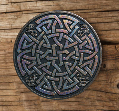 Handmade wooden coaster with iridescent metal-effect Celtic knot design 3