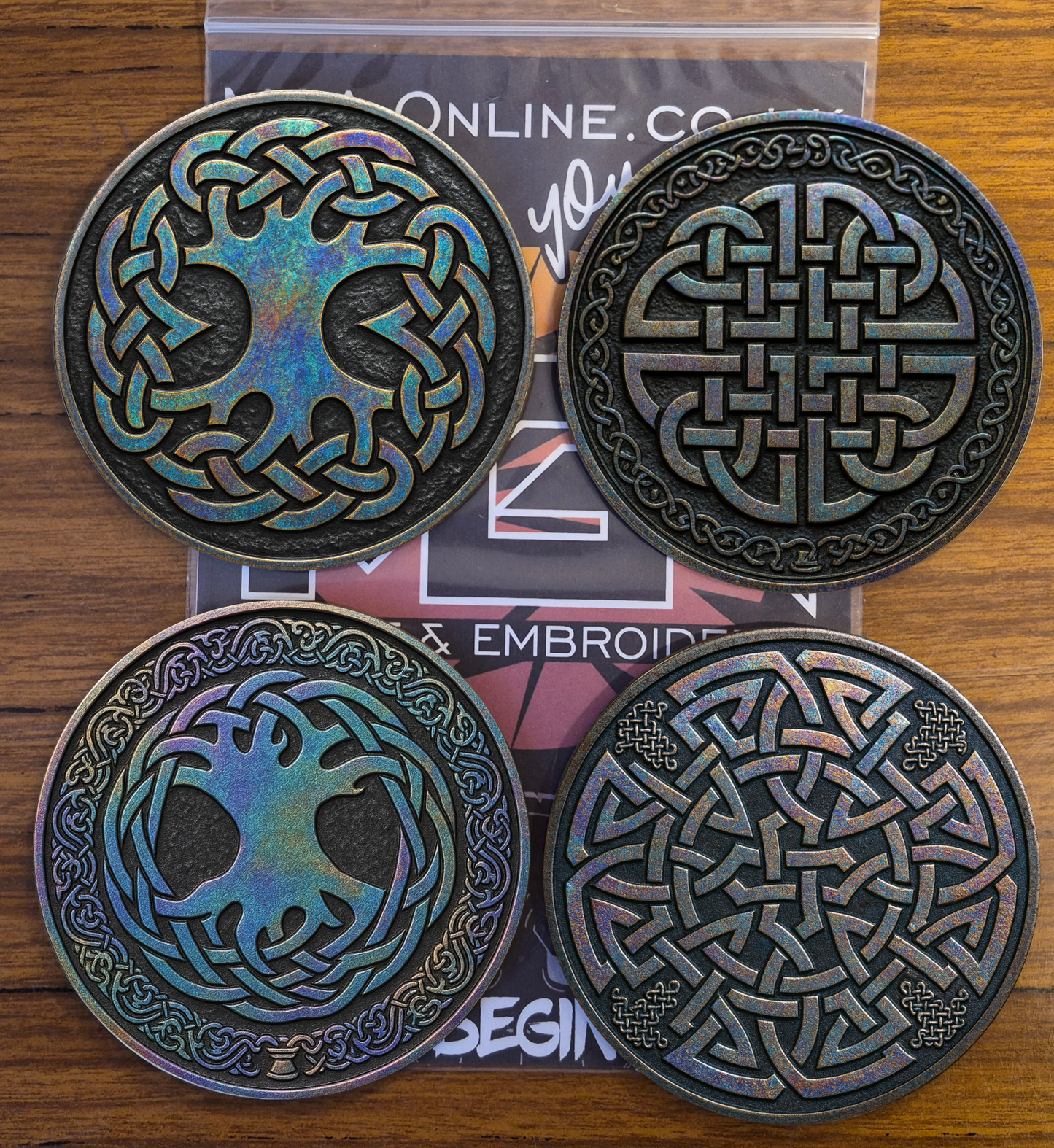 Round 9cm Celtic knot wooden coaster with shimmering metallic print