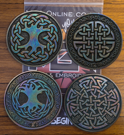 Round 9cm Celtic knot wooden coaster with shimmering metallic print