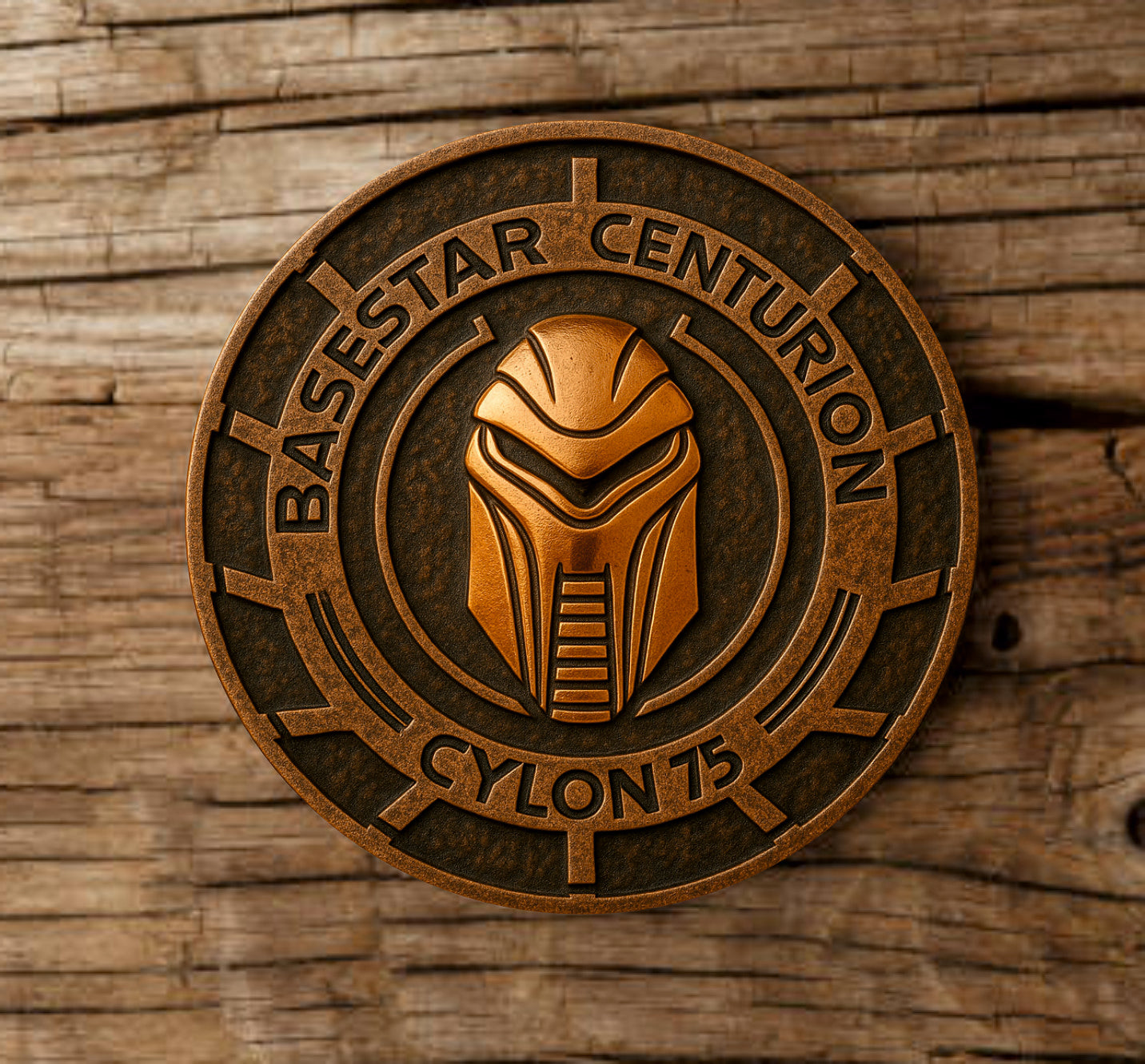 Battlestar Galactica inspired bronze cast print coaster featuring Cylon emblem