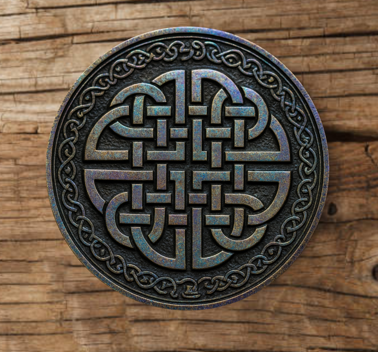 Handmade wooden coaster with iridescent metal-effect Celtic knot design 1