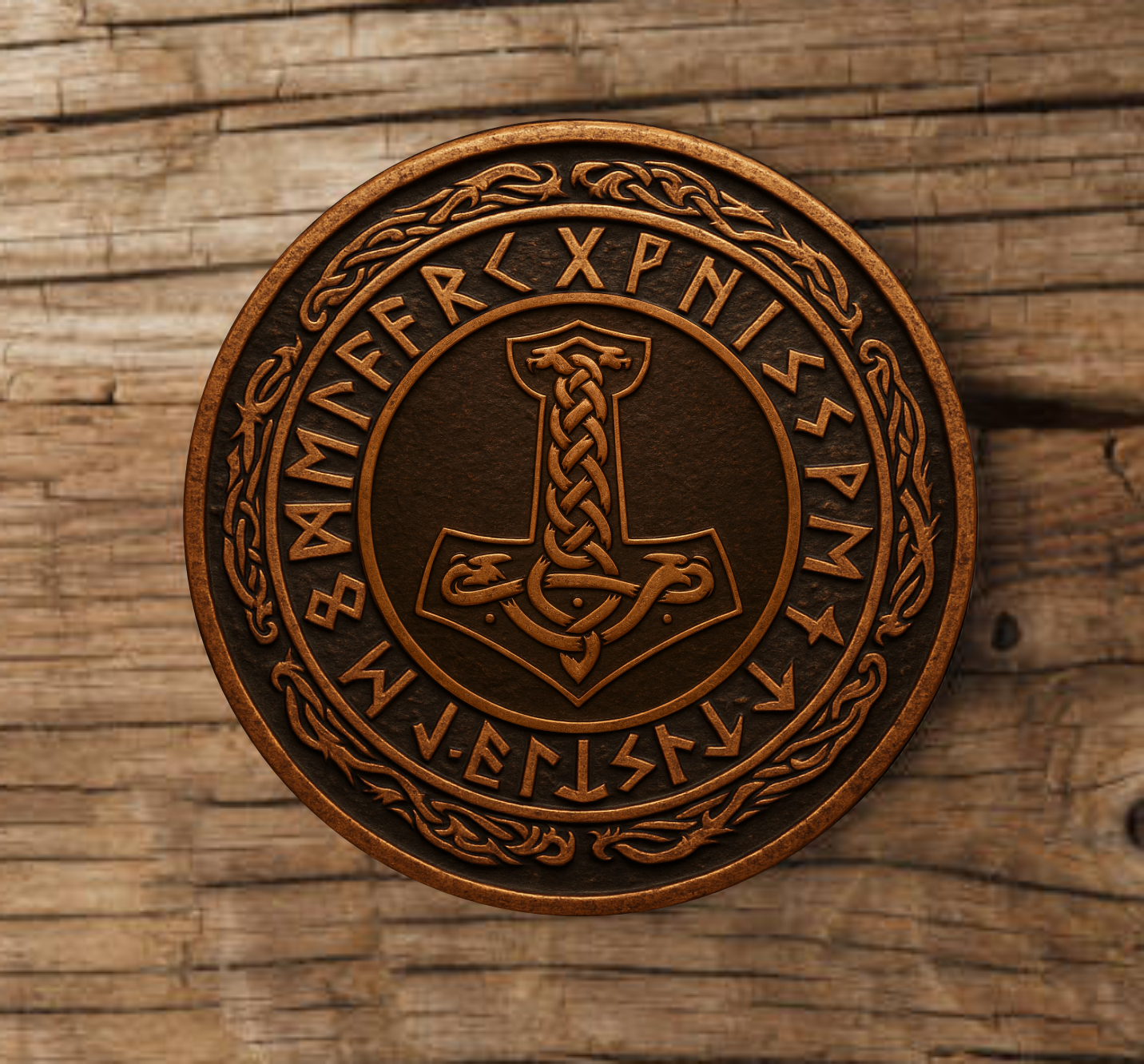 Laser engraved Viking wood coaster featuring Norse runes Mjölnir