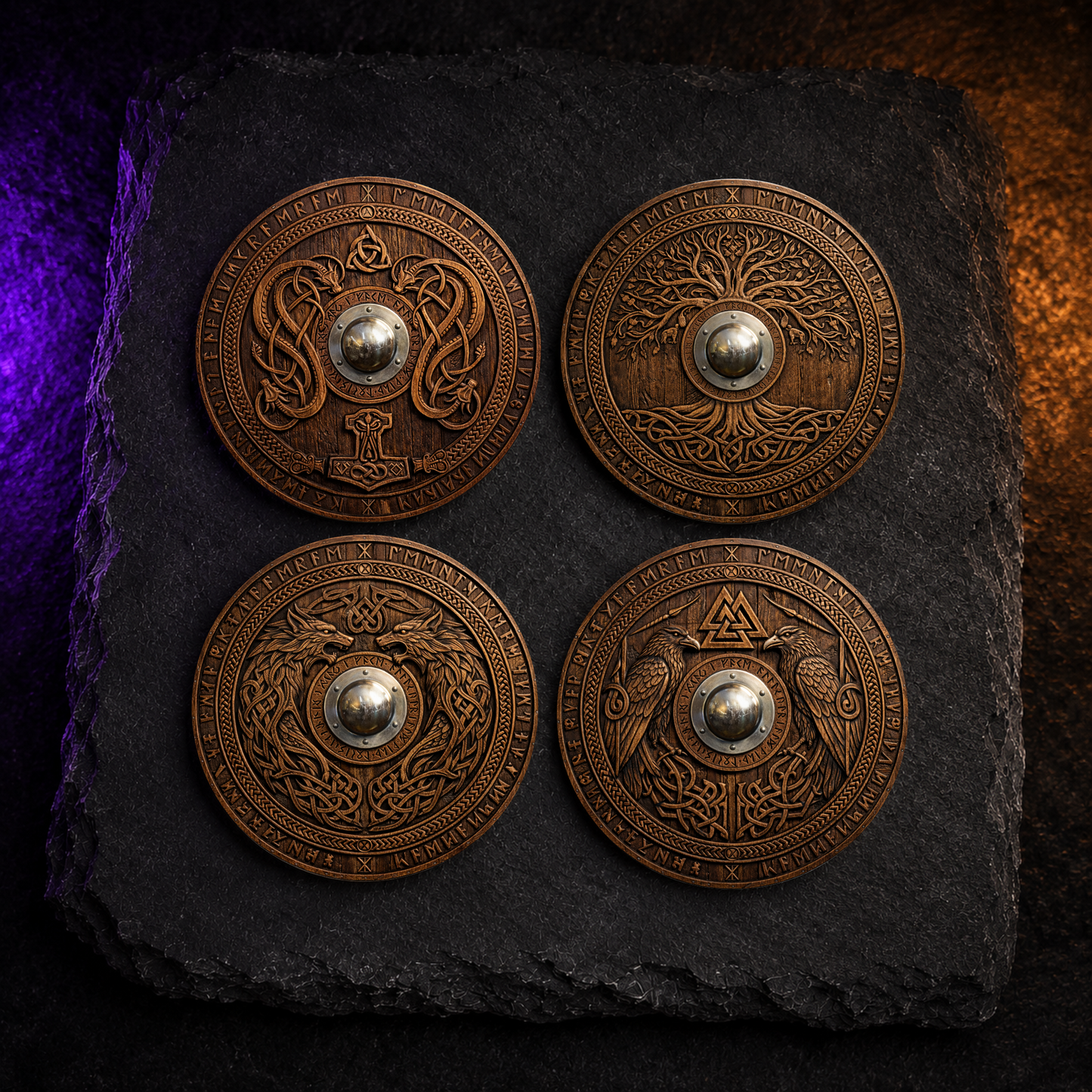 Norse Viking Shield Sublimated Coasters – Wooden Effect Warrior Designs