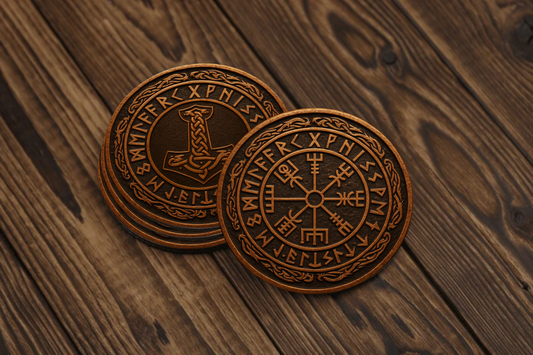 Norse Bronze Rune Coaster Set (4) – Vegvisir & Mjölnir Design | Viking Wood Coasters | Nordic Gift Set
