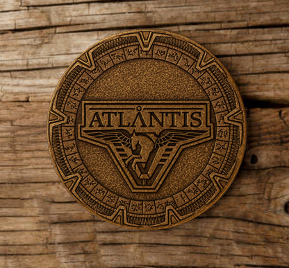 Stargate inspired bronze cast wood coaster featuring Atlantis