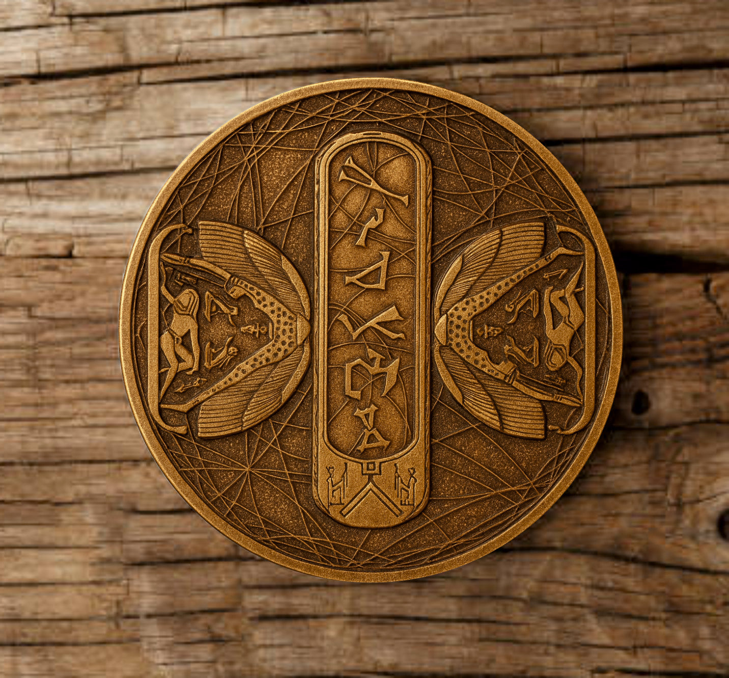 Stargate inspired bronze cast wood coaster featuring Cover Stone