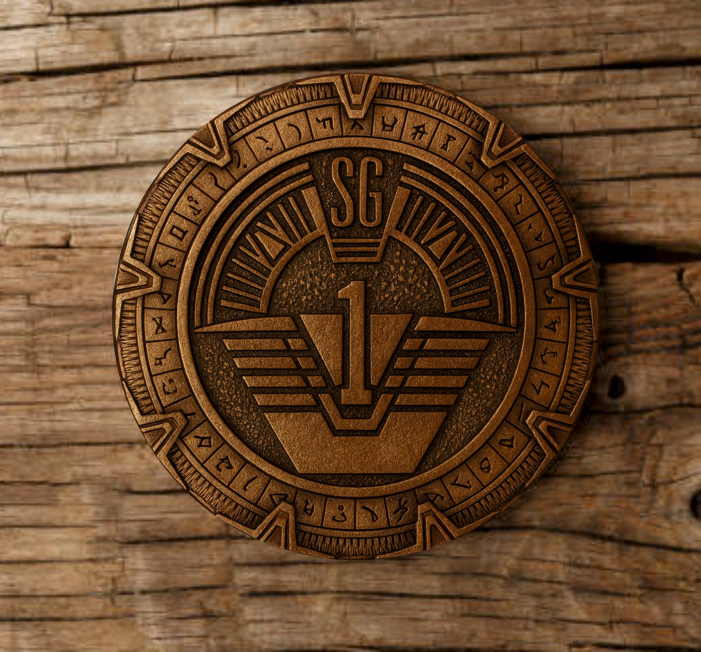 Stargate inspired bronze cast wood coaster featuring SG-1