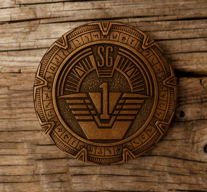 Stargate inspired bronze cast wood coaster featuring SG-1
