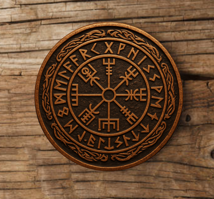 Laser engraved Viking wood coaster featuring Norse runes Vegvisir